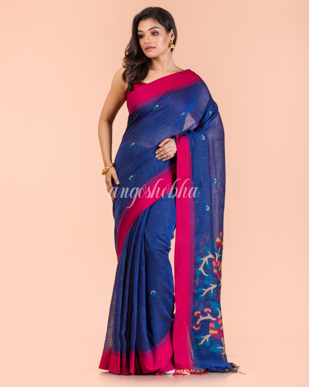 Blue Linen Handloom Jamdani Saree angoshobha