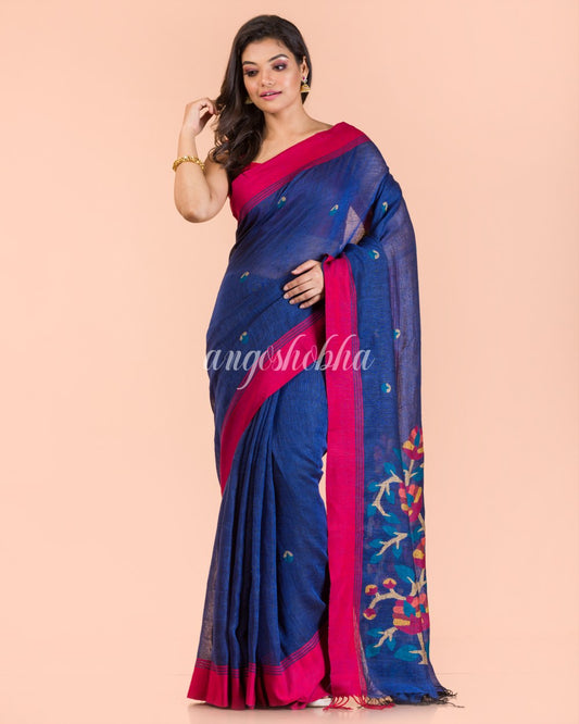 Blue Linen Handloom Jamdani Saree angoshobha