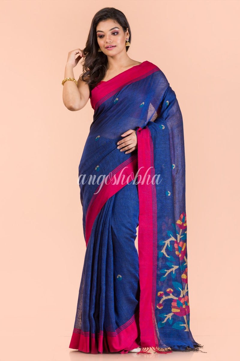 Blue Linen Handloom Jamdani Saree