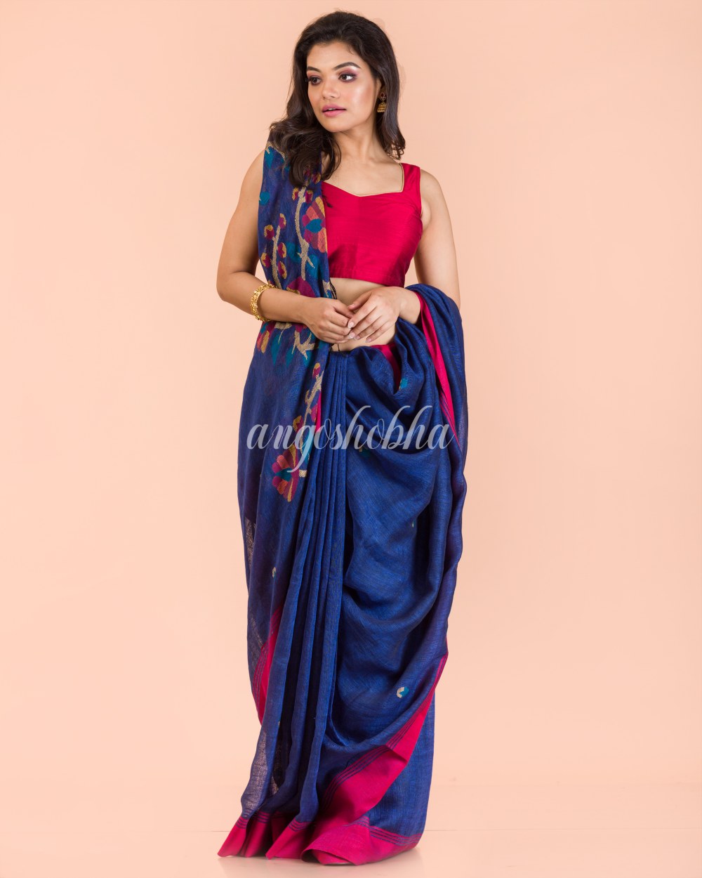 Blue Linen Handloom Jamdani Saree angoshobha