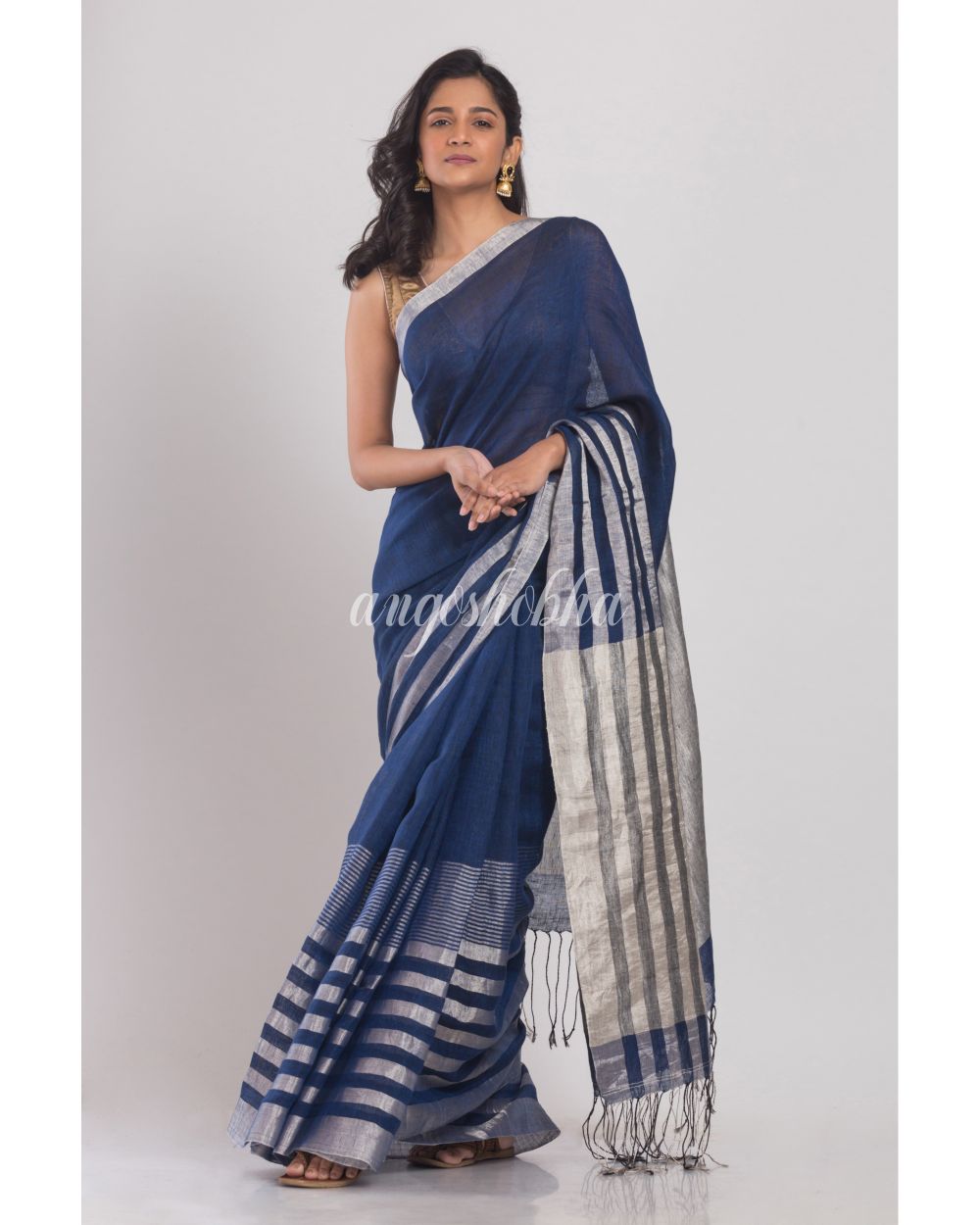 Blue Linen Saree With Silver Zari Pallu And Border angoshobha