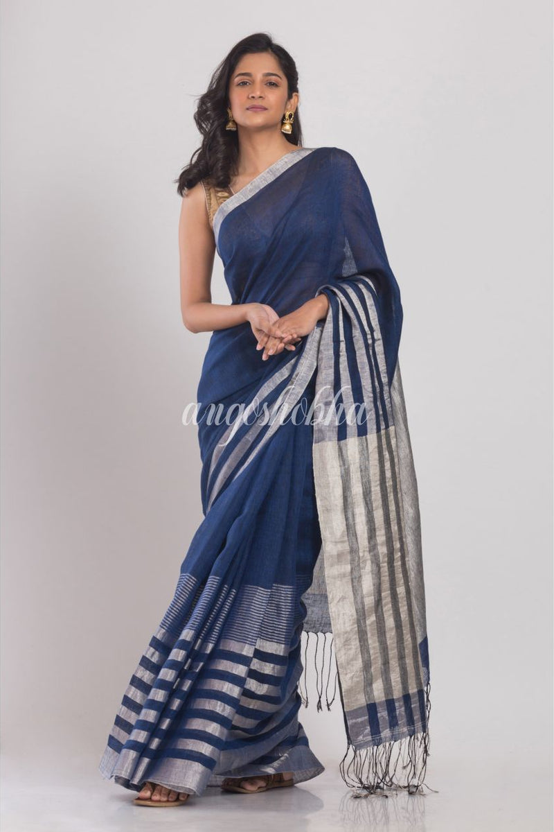 Blue Linen Saree With Silver Zari Pallu And Border