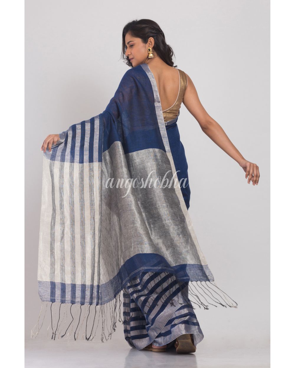 Blue Linen Saree With Silver Zari Pallu And Border angoshobha