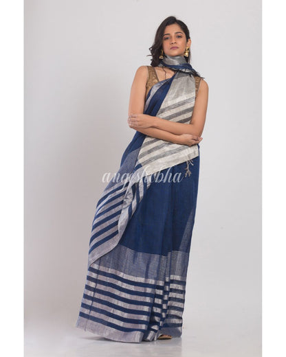 Blue Linen Saree With Silver Zari Pallu And Border angoshobha