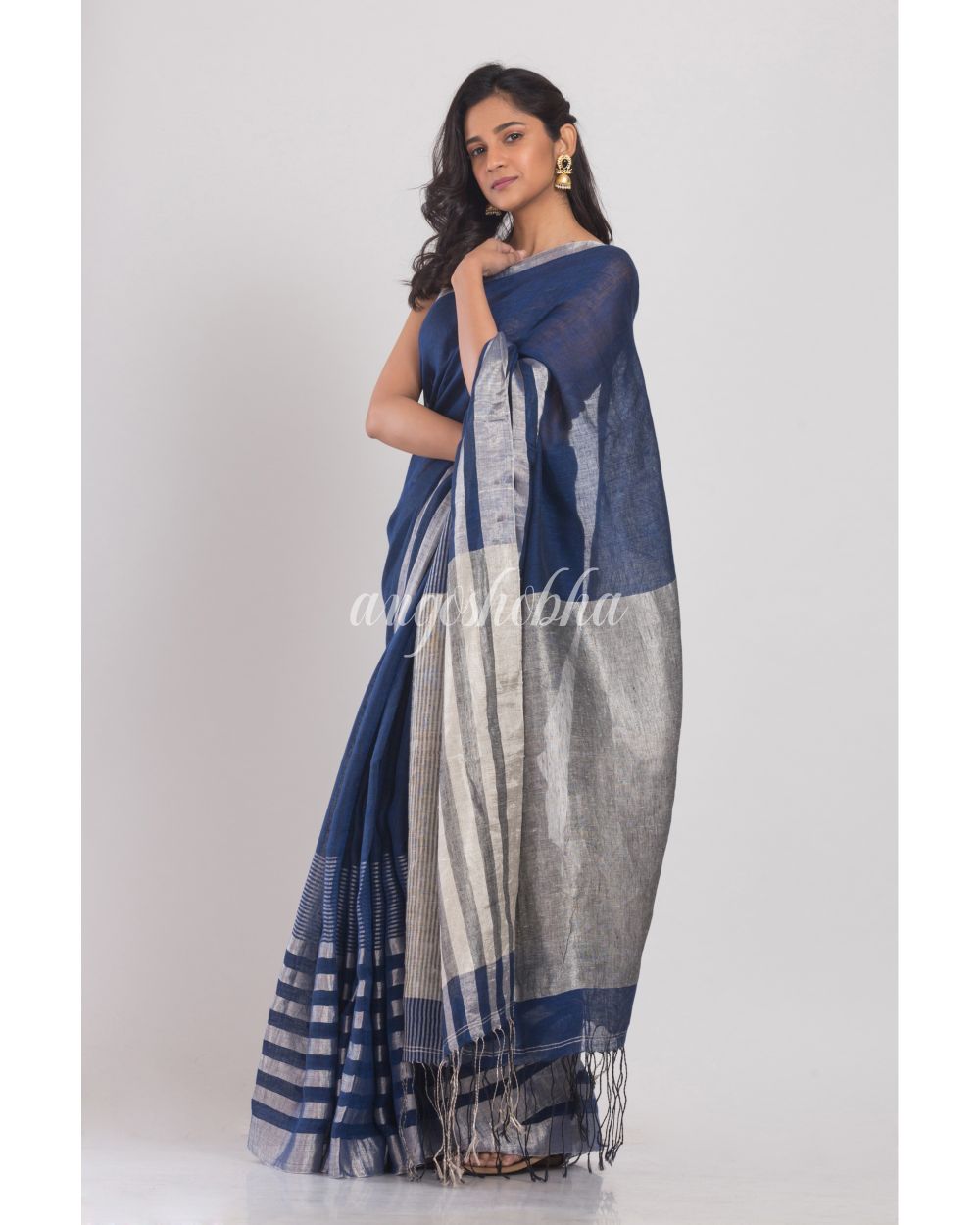 Blue Linen Saree With Silver Zari Pallu And Border angoshobha