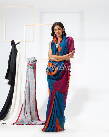 Blue Orange Handloom Bengal Cotton Saree angoshobha