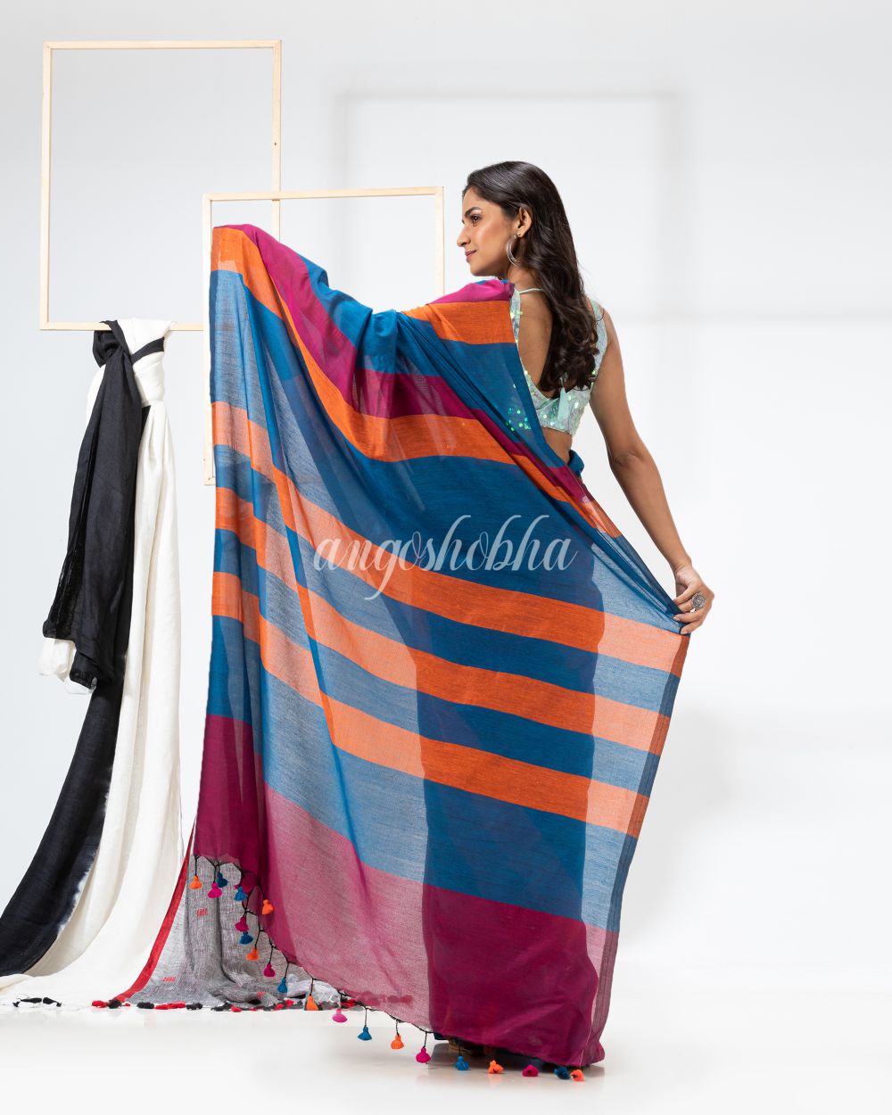 Blue Orange Handloom Bengal Cotton Saree angoshobha