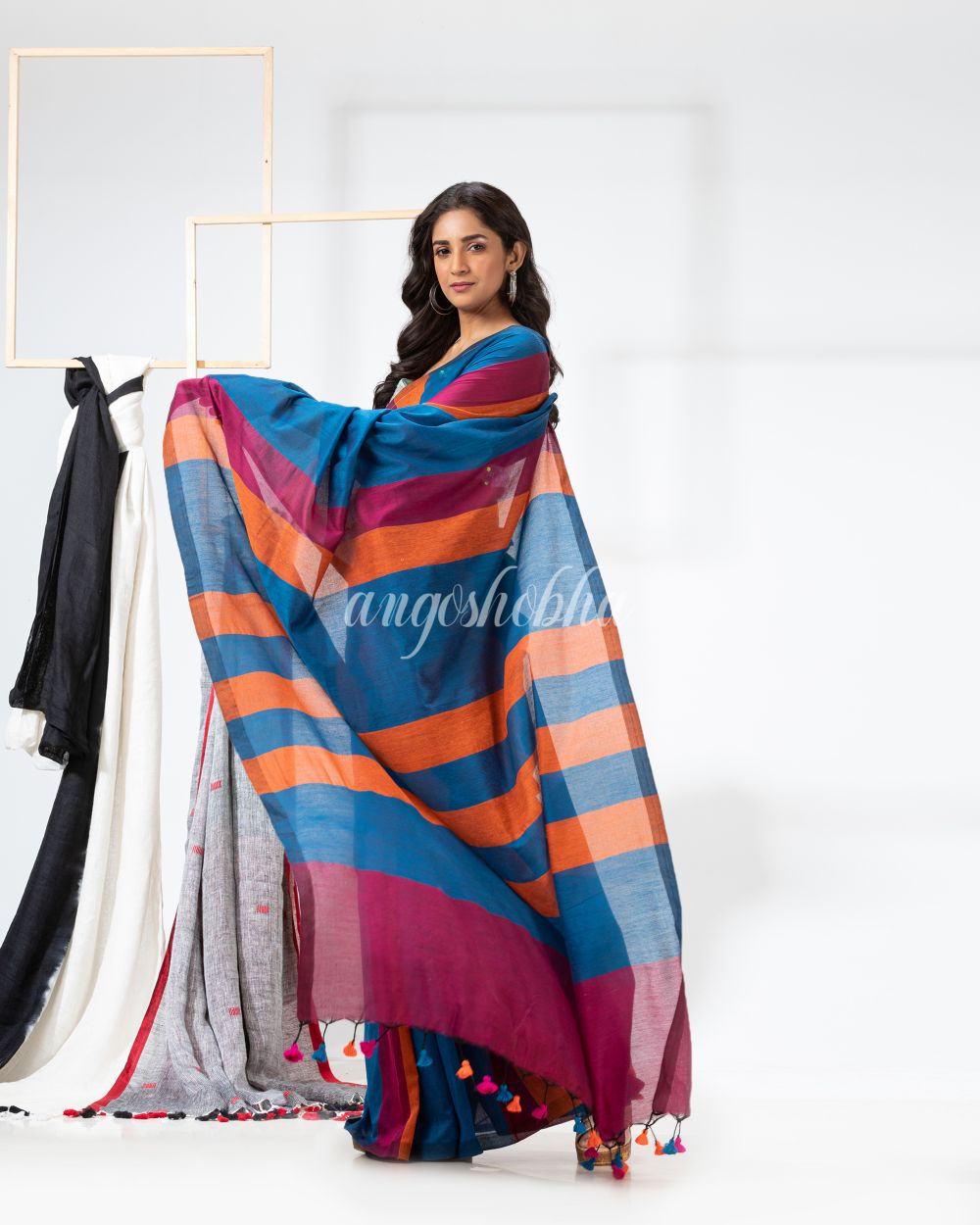 Blue Orange Handloom Bengal Cotton Saree angoshobha