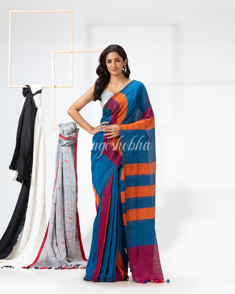 Blue Orange Handloom Bengal Cotton Saree angoshobha