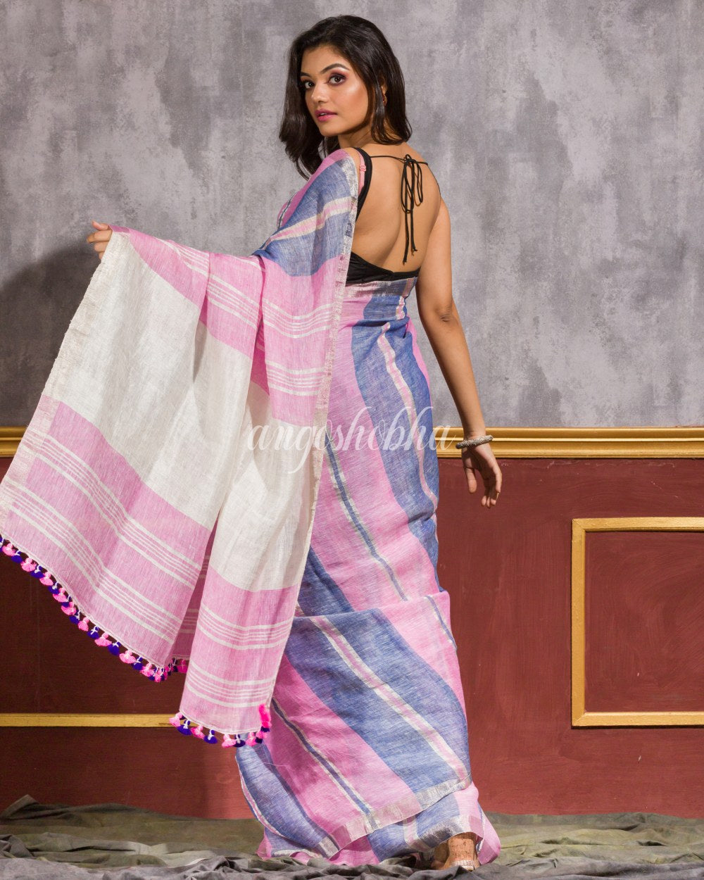 Blue Pink Handwoven Linen Saree angoshobha