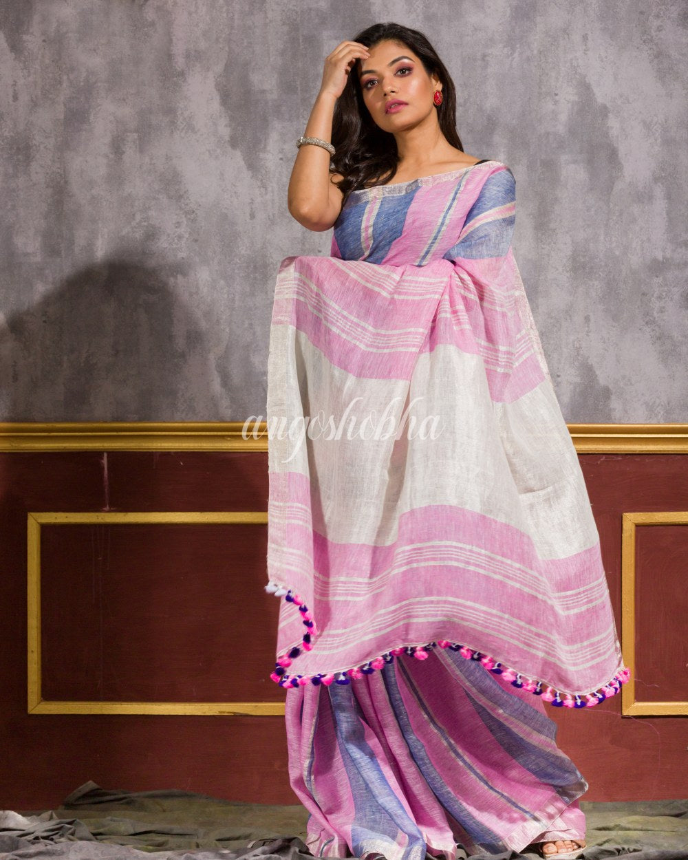 Blue Pink Handwoven Linen Saree angoshobha