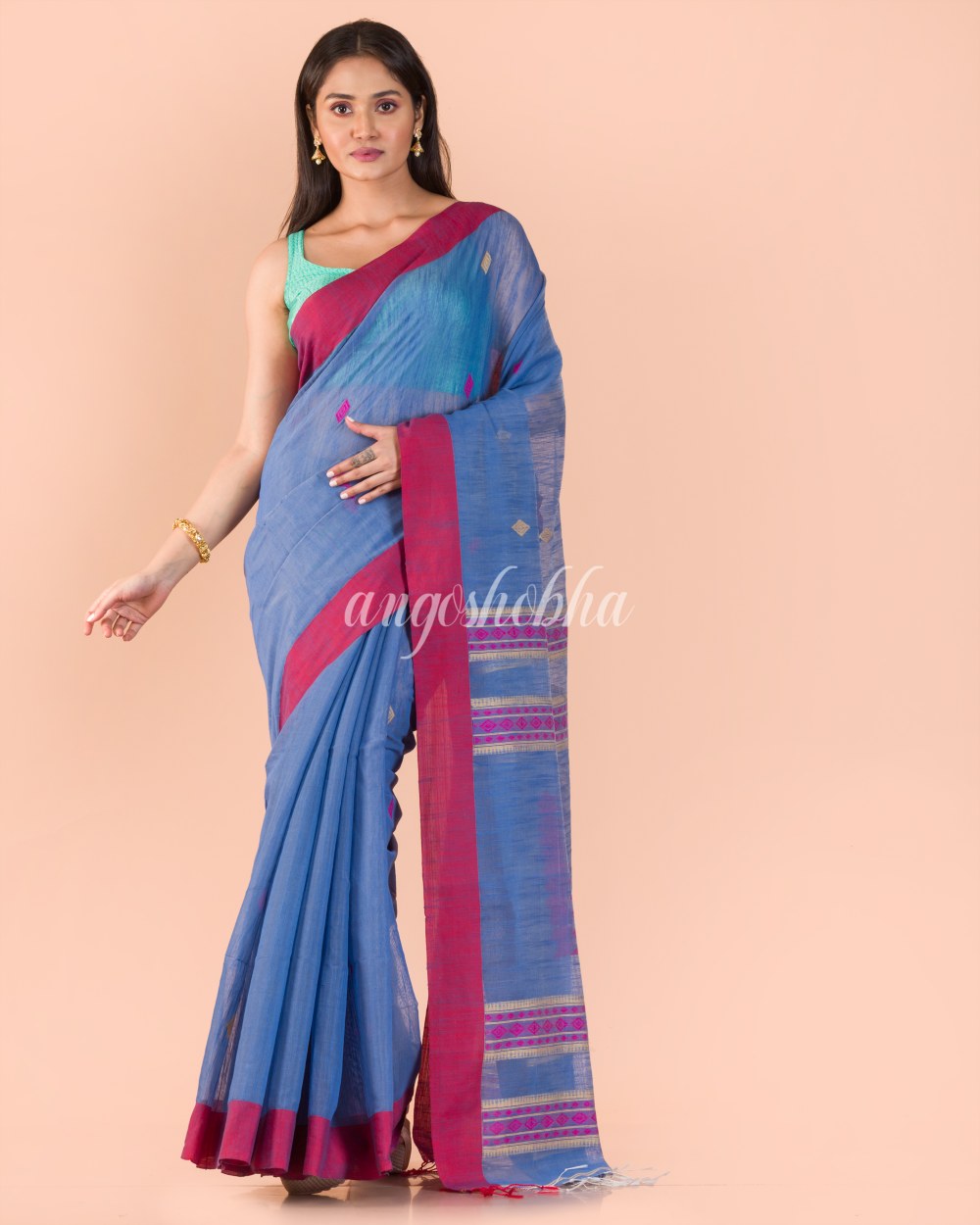 Blue Red Cotton Silk Handloom Saree angoshobha