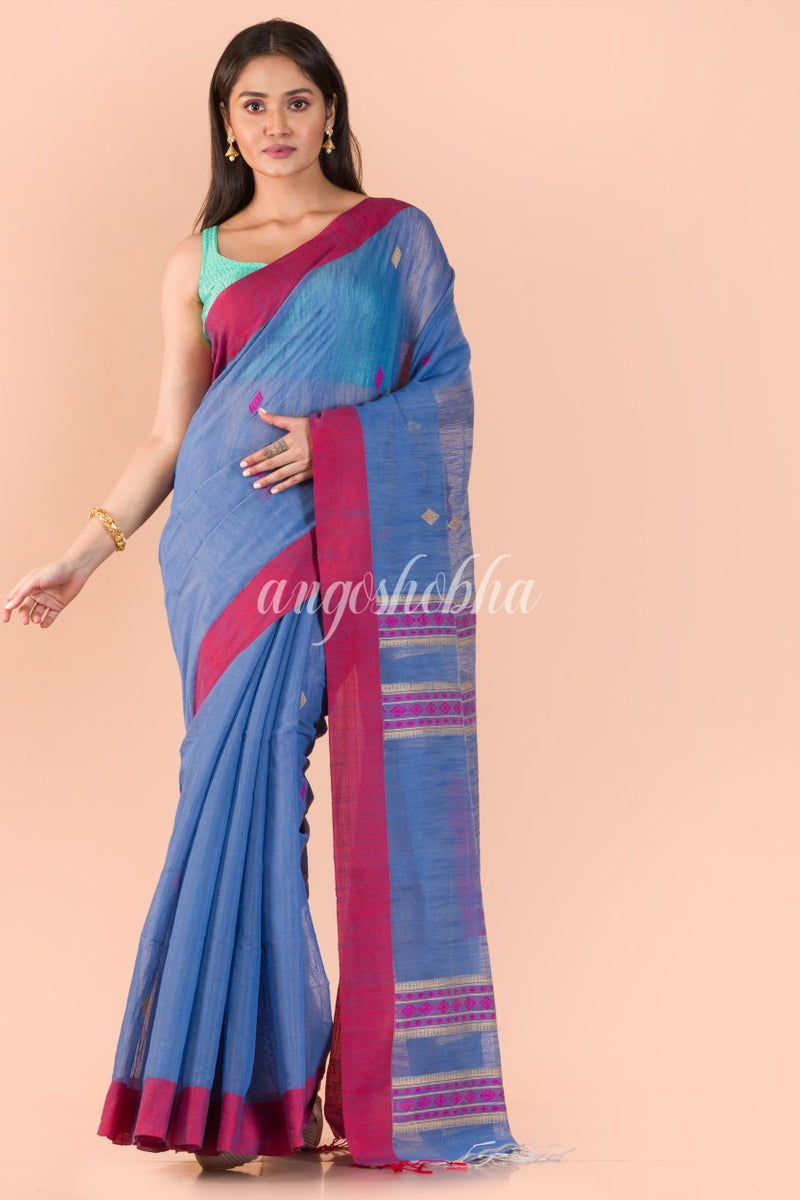 Blue Red Cotton Silk Handloom Saree