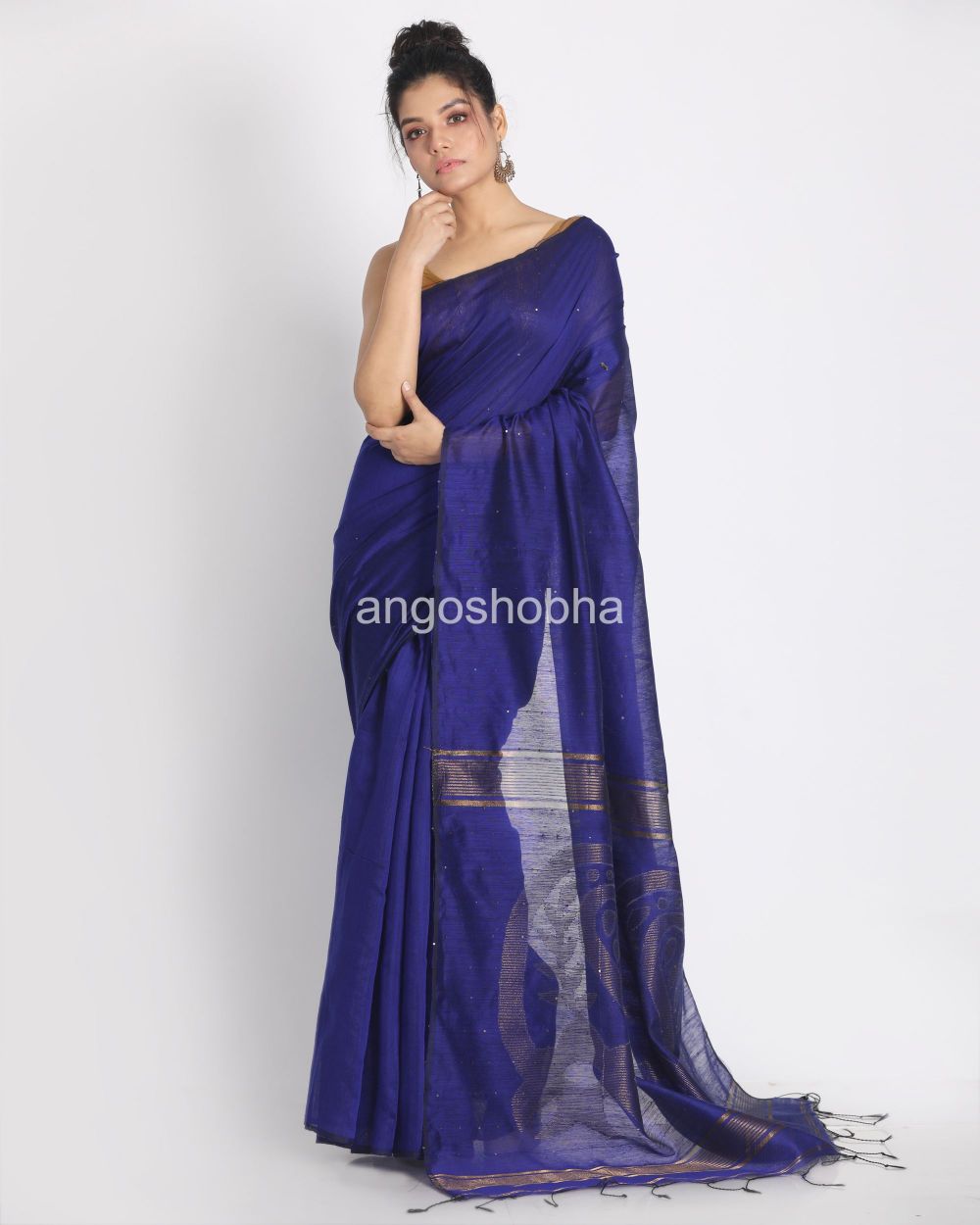 Blue Sequins Handloom Cotton Blend Saree angoshobha