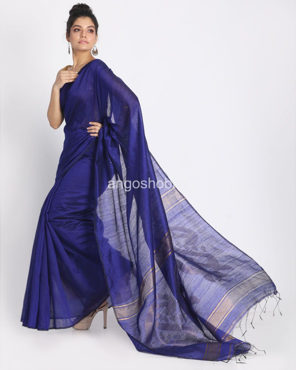 Blue Sequins Handloom Cotton Blend Saree angoshobha
