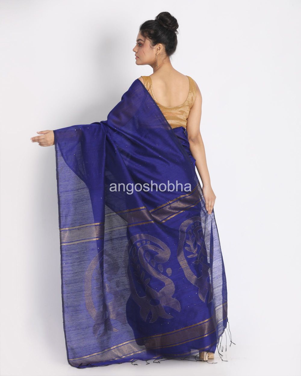 Blue Sequins Handloom Cotton Blend Saree angoshobha