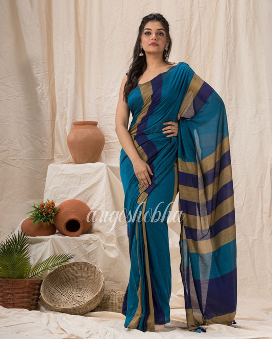 Blue Tan Handloom Bengal Cotton Saree angoshobha