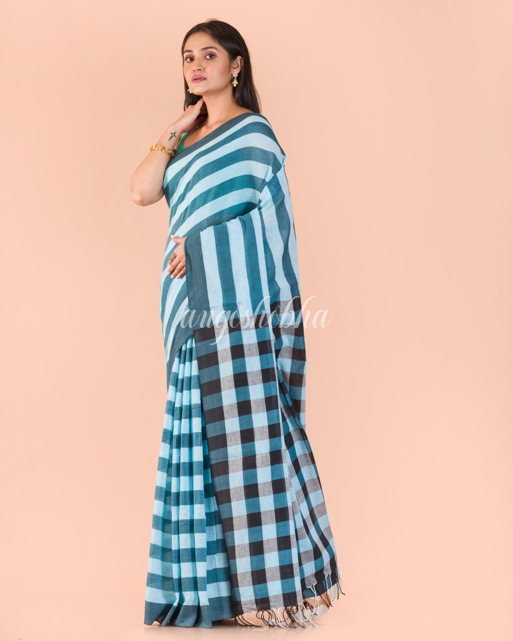 Blue White Handloom Cotton Saree angoshobha