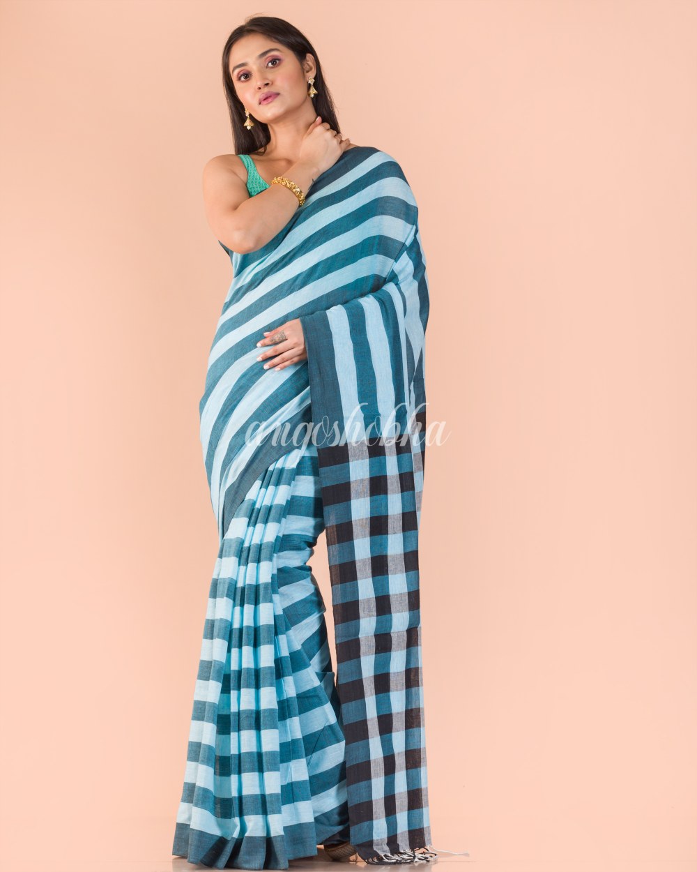 Blue White Handloom Cotton Saree angoshobha