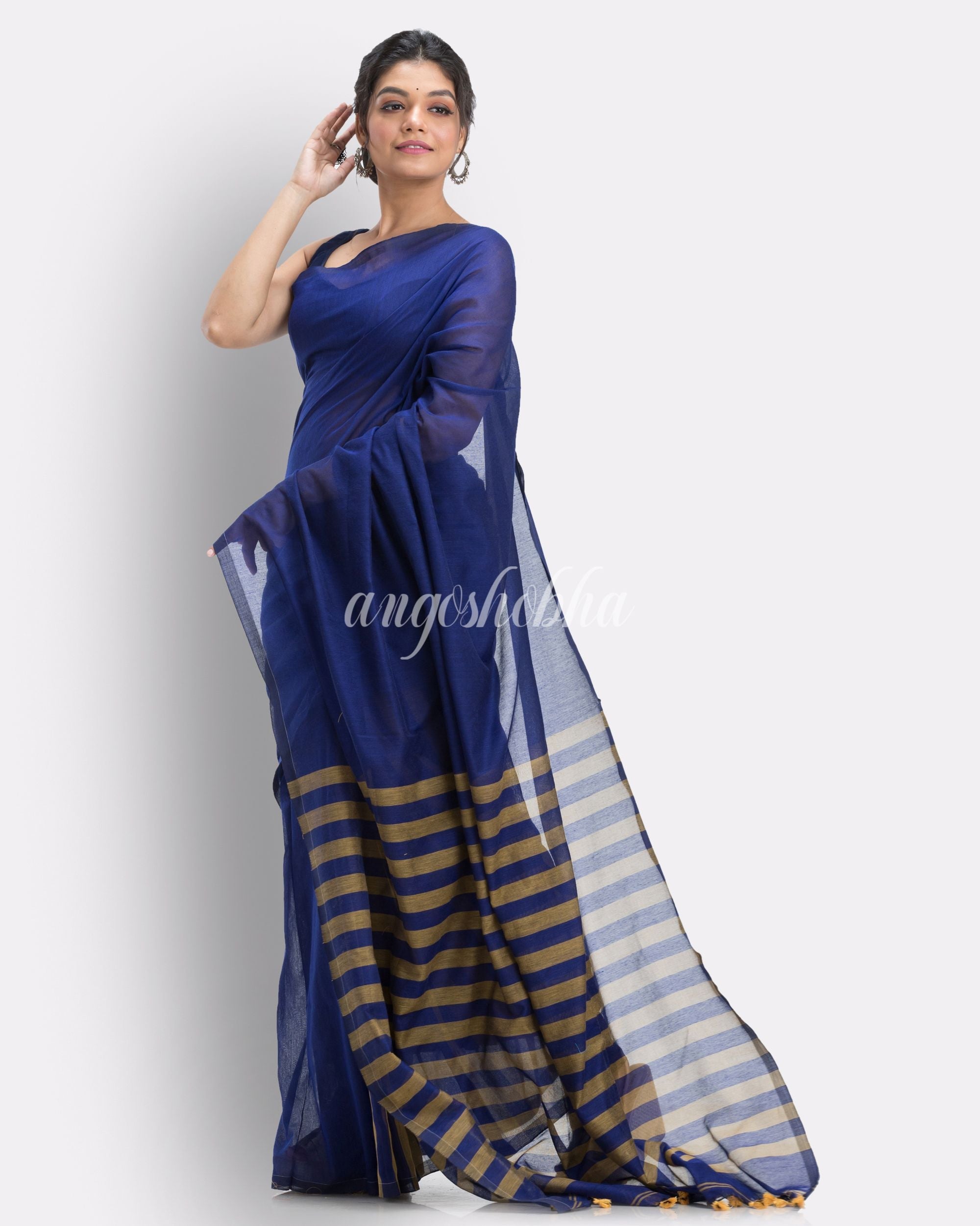 Blue handloom bengal cotton saree angoshobha