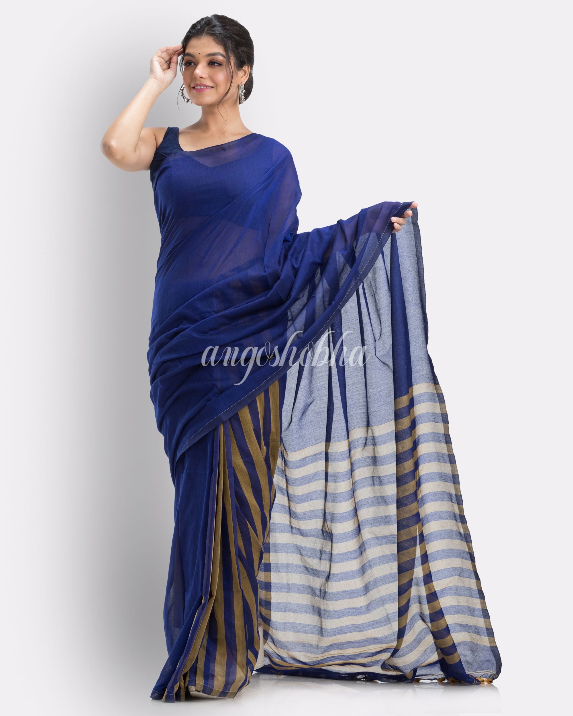 Blue handloom bengal cotton saree angoshobha