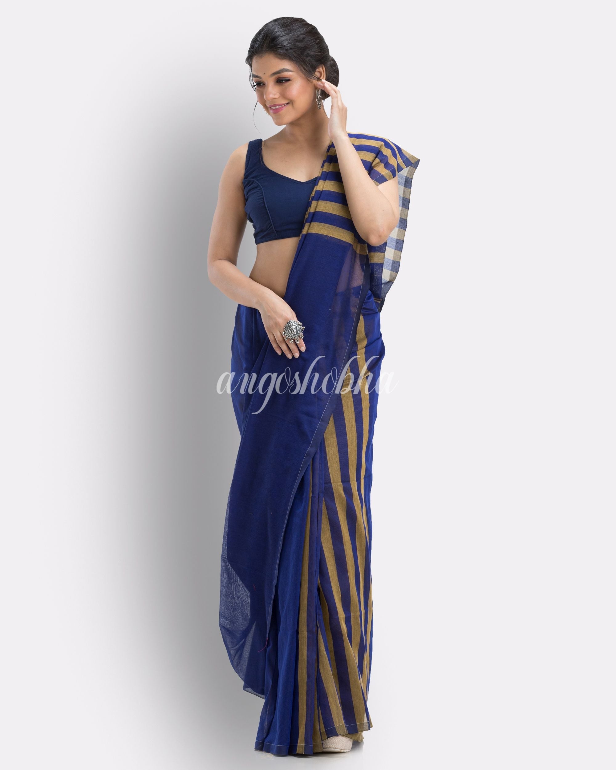 Blue handloom bengal cotton saree angoshobha