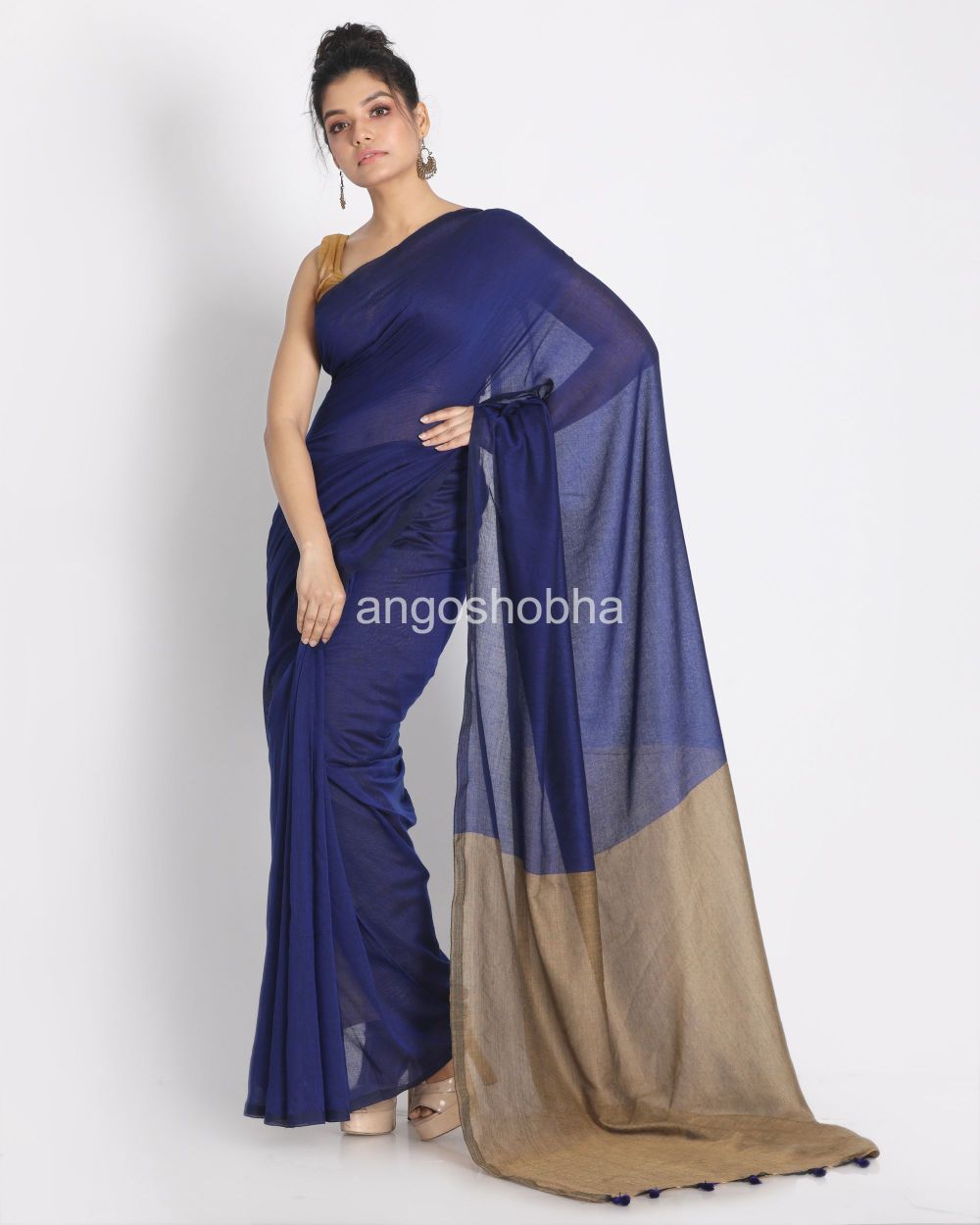 Blue handspan cotton handwoven saree angoshobha