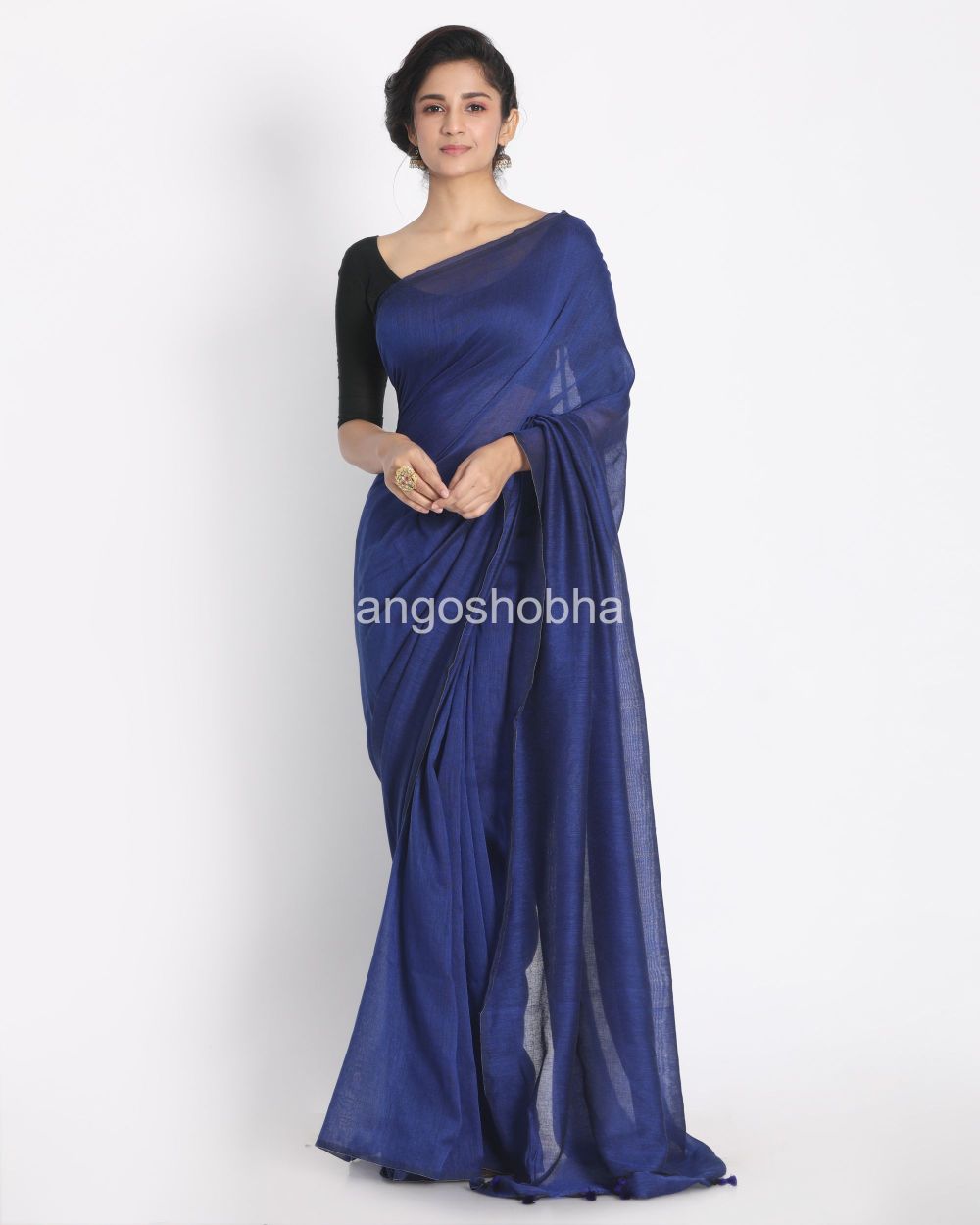 Blue handspan handwoven cotton saree angoshobha