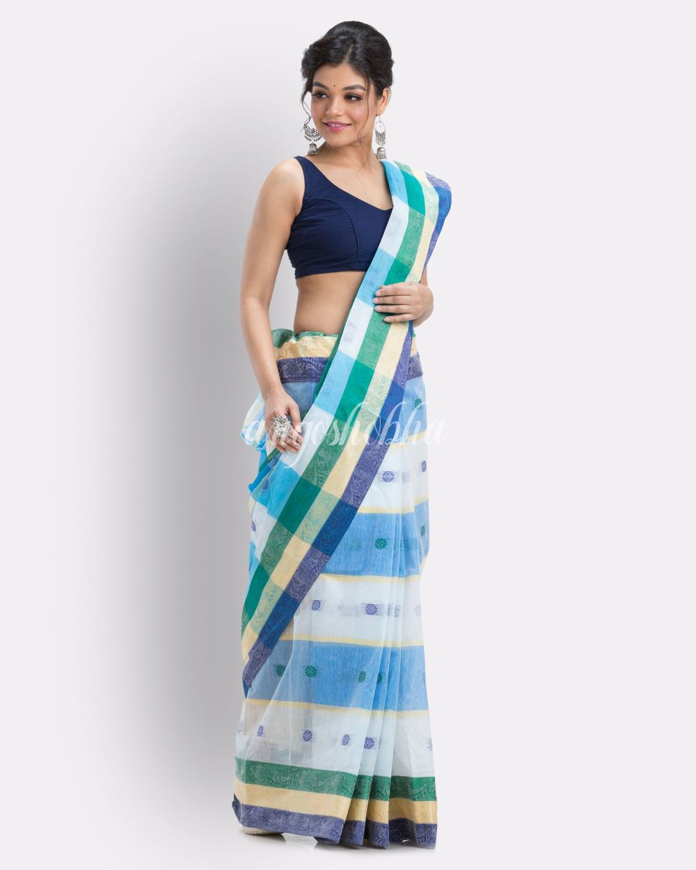 Box Check White, Blue Tant Pure Cotton Saree angoshobha