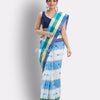 Box Check Tant Pure Cotton Saree (White,Blue) angoshobha