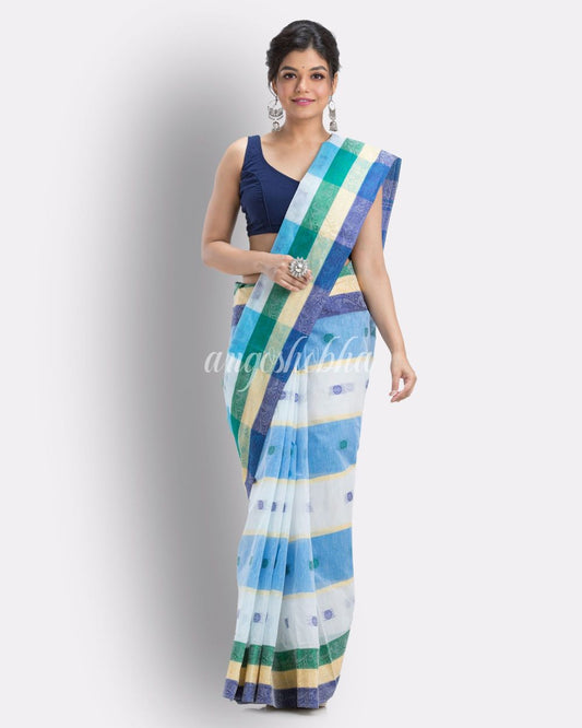 Box Check Tant Pure Cotton Saree (White,Blue) angoshobha