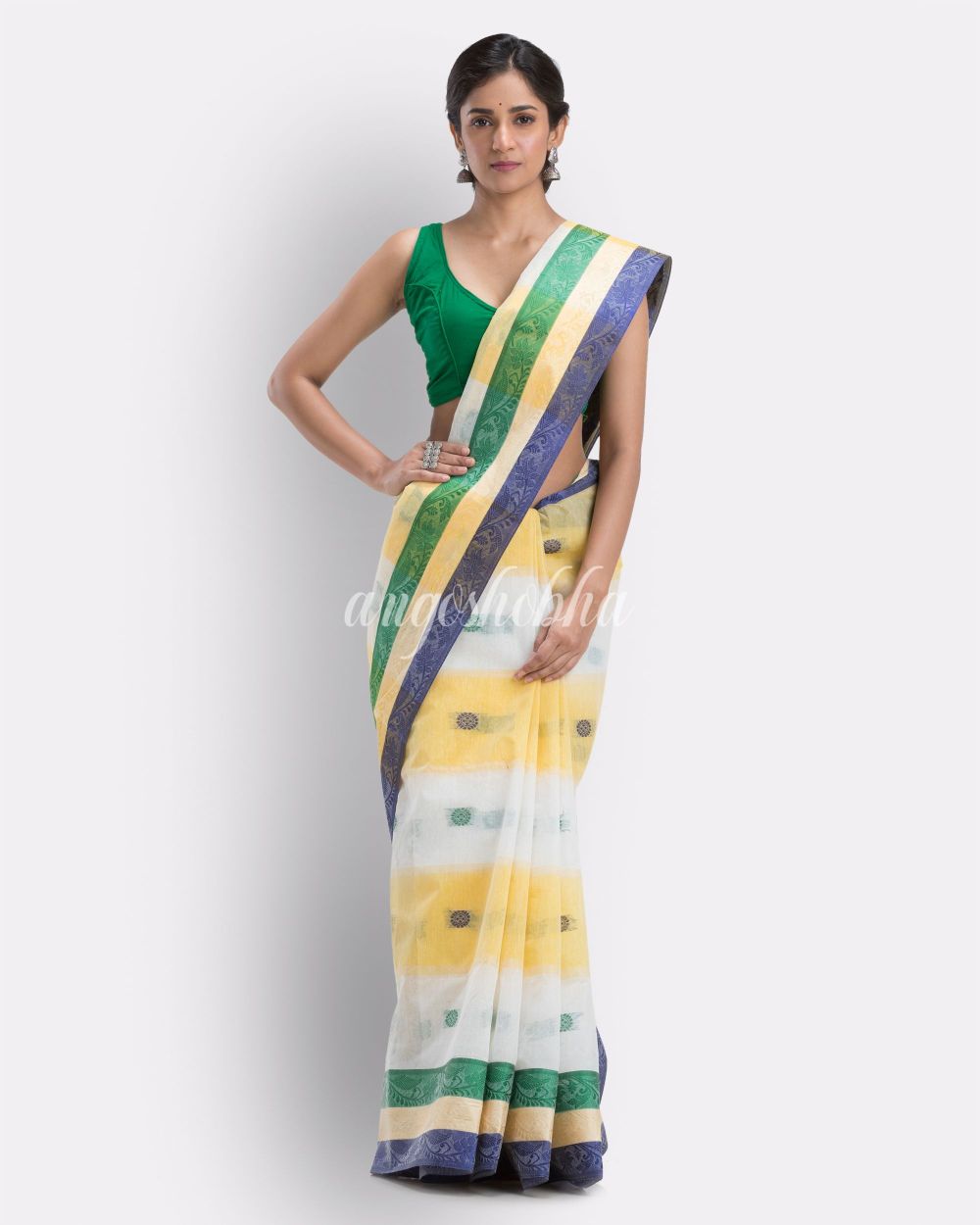 Box Check Tant Pure Cotton Saree (White,Yellow) angoshobha