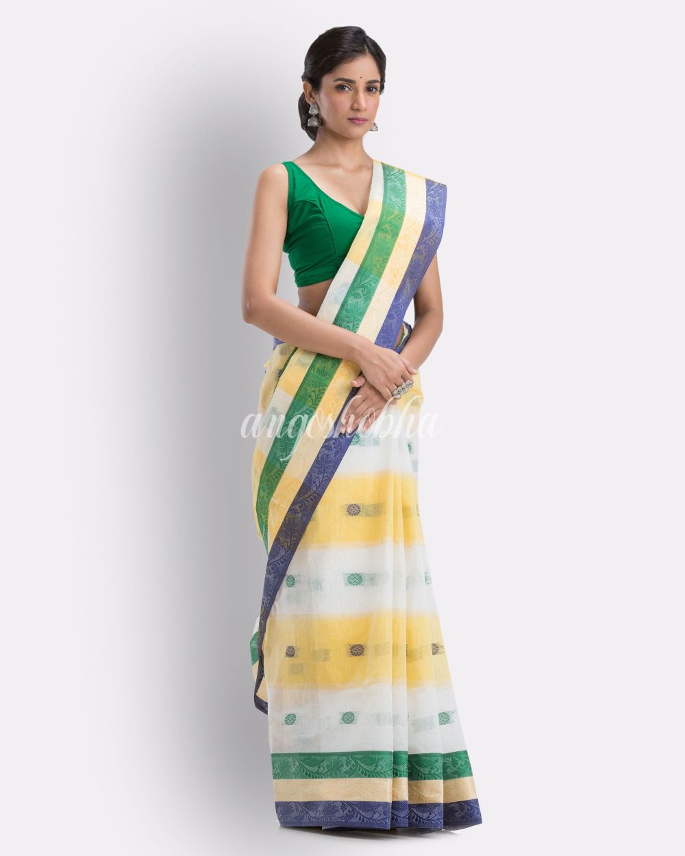 Box Check Tant Pure Cotton Saree (White,Yellow) angoshobha