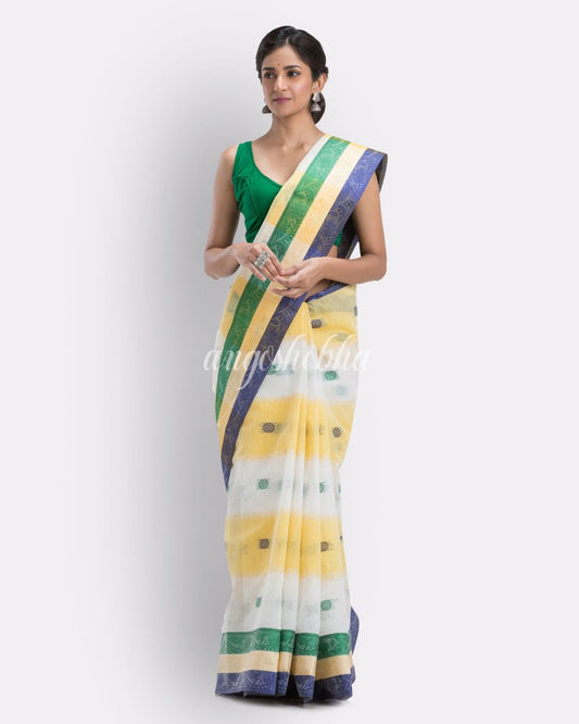 Box Check Tant Pure Cotton Saree (White,Yellow) angoshobha