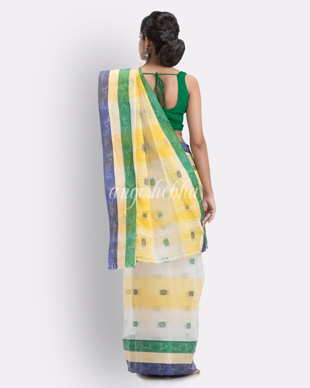 Box Check Tant Pure Cotton Saree (White,Yellow) angoshobha