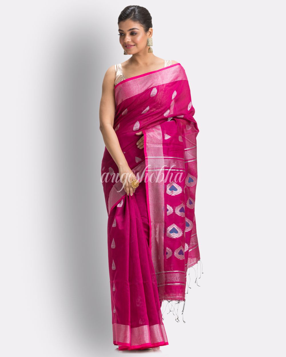 Bright Pink Cotton Blend Handloom Jamdani Saree angoshobha