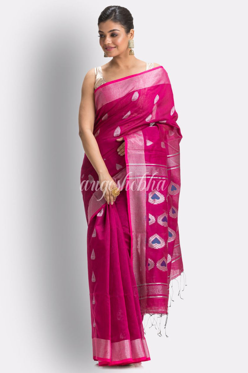 Bright Pink Cotton Blend Handloom Jamdani Saree