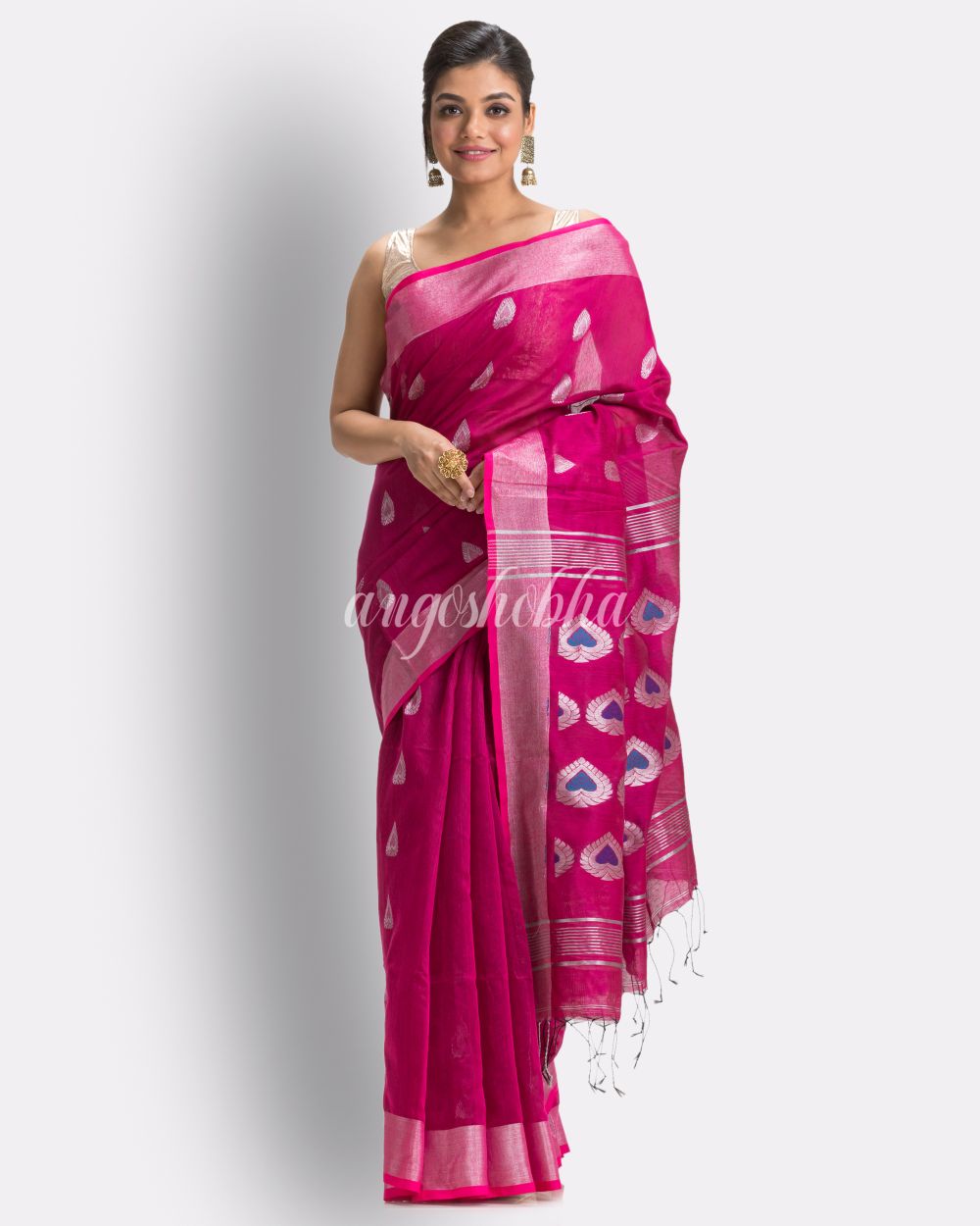 Bright Pink Cotton Blend Handloom Jamdani Saree angoshobha