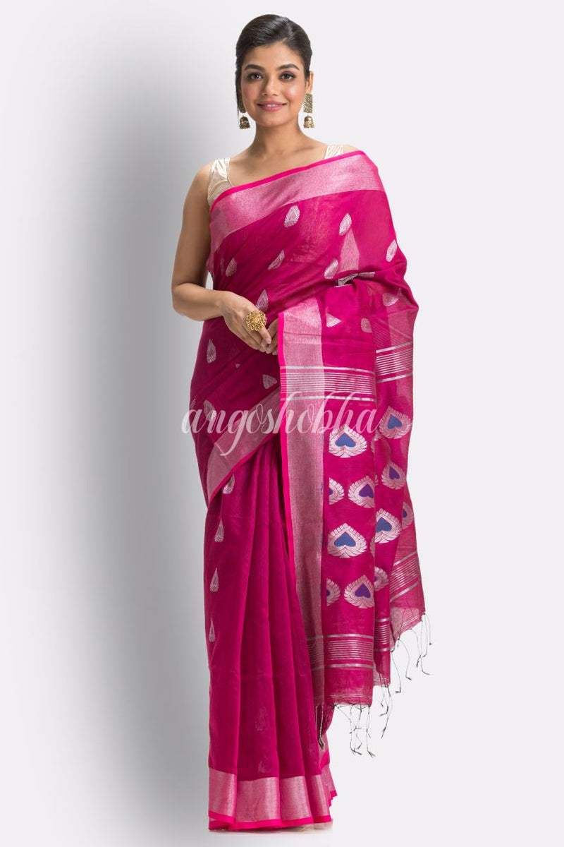 Bright Pink Cotton Blend Handloom Jamdani Saree