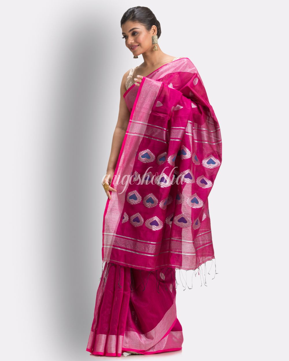 Bright Pink Cotton Blend Handloom Jamdani Saree angoshobha
