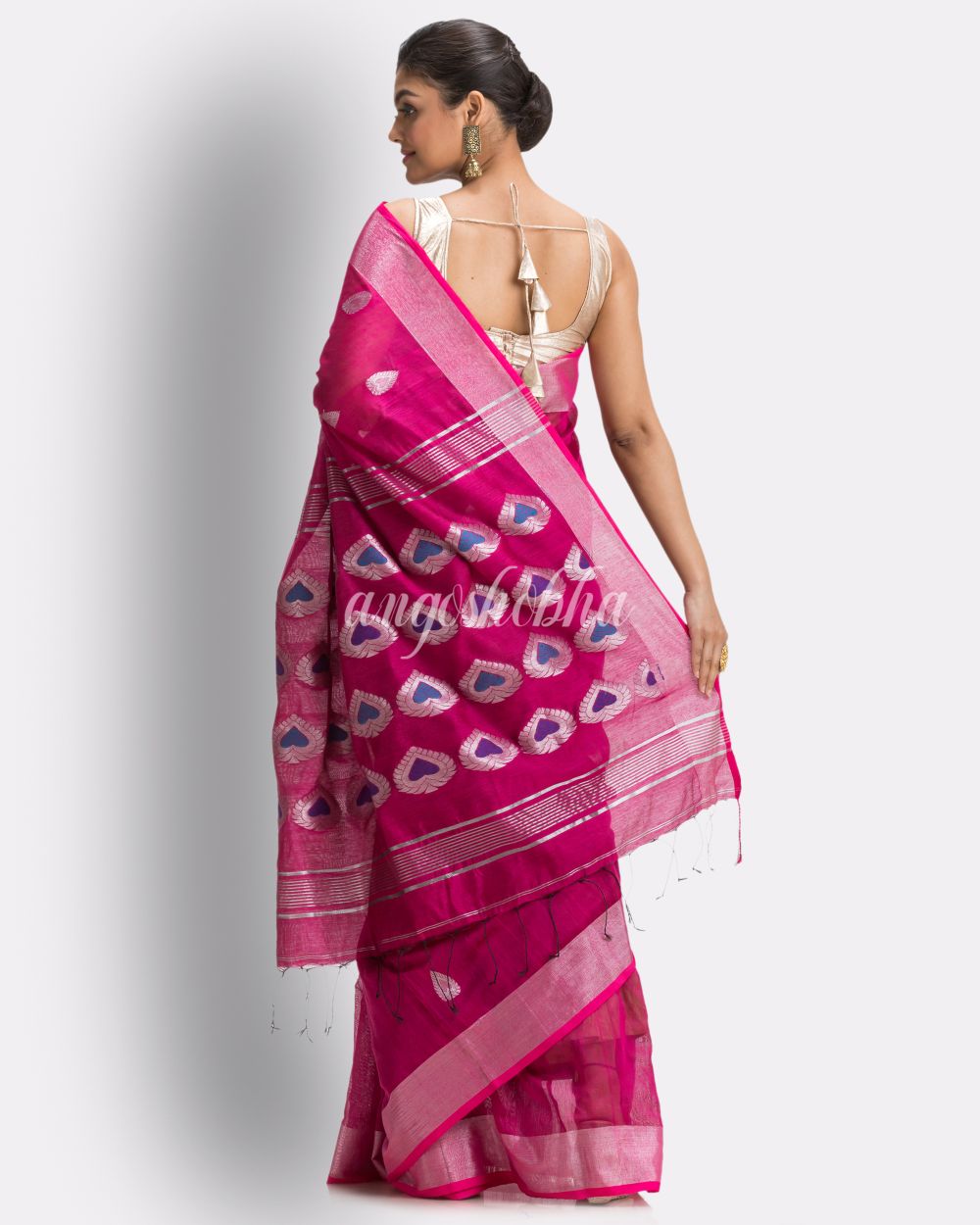 Bright Pink Cotton Blend Handloom Jamdani Saree angoshobha