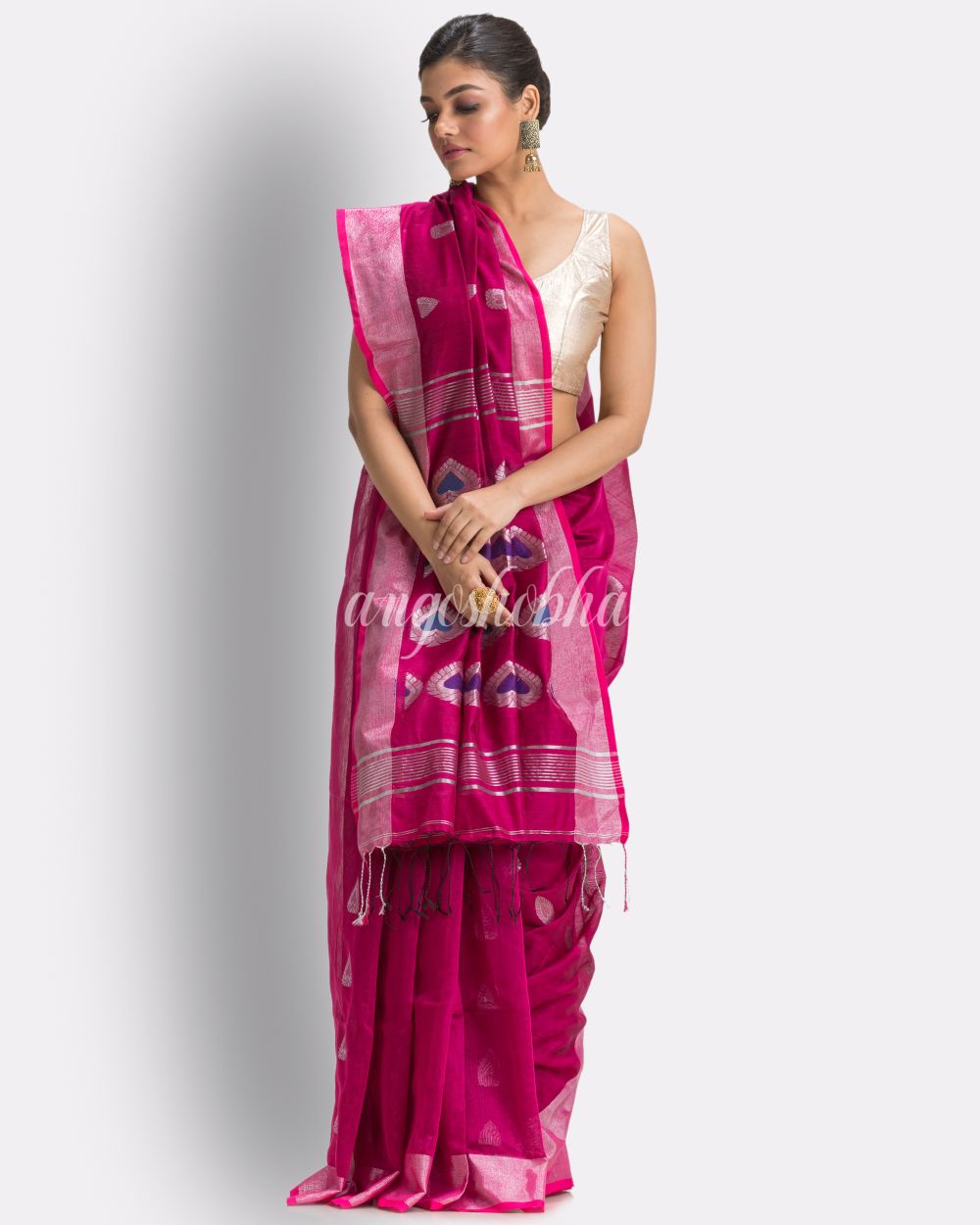 Bright Pink Cotton Blend Handloom Jamdani Saree angoshobha