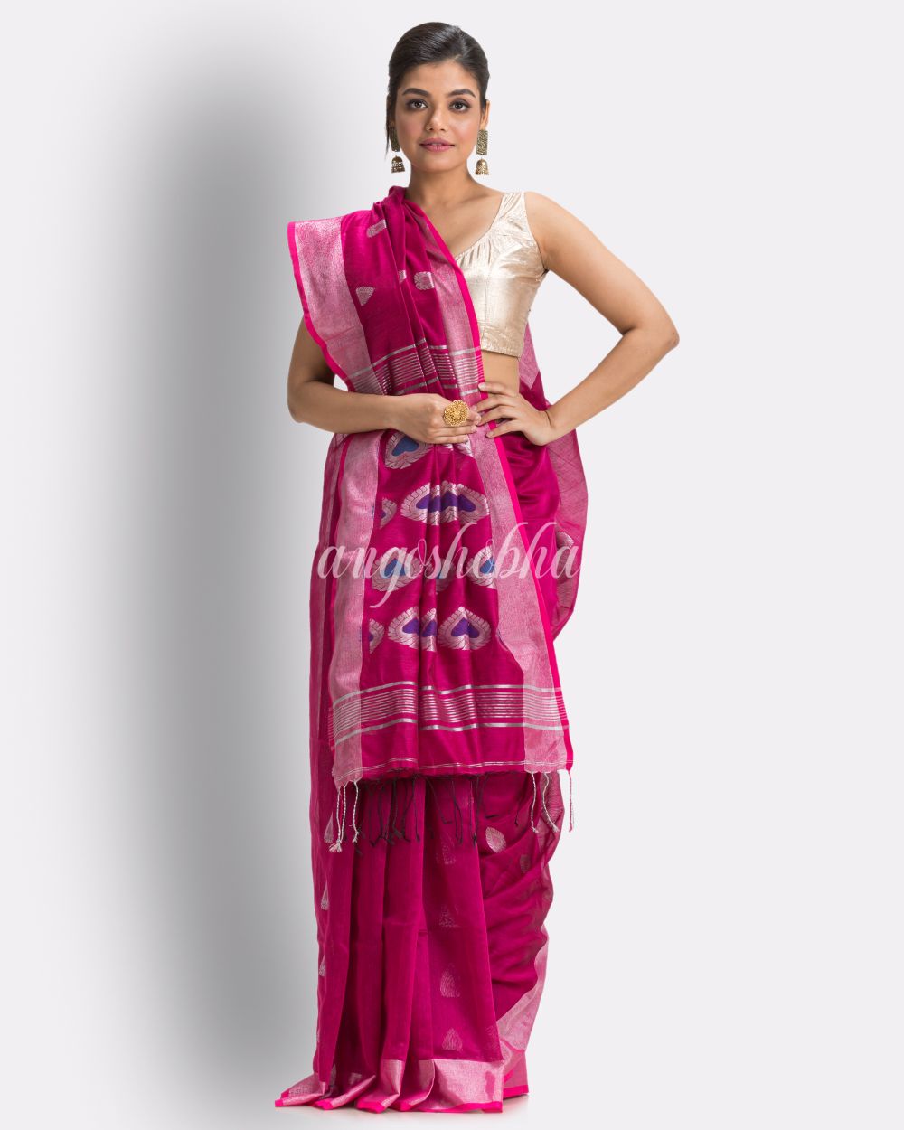 Bright Pink Cotton Blend Handloom Jamdani Saree angoshobha
