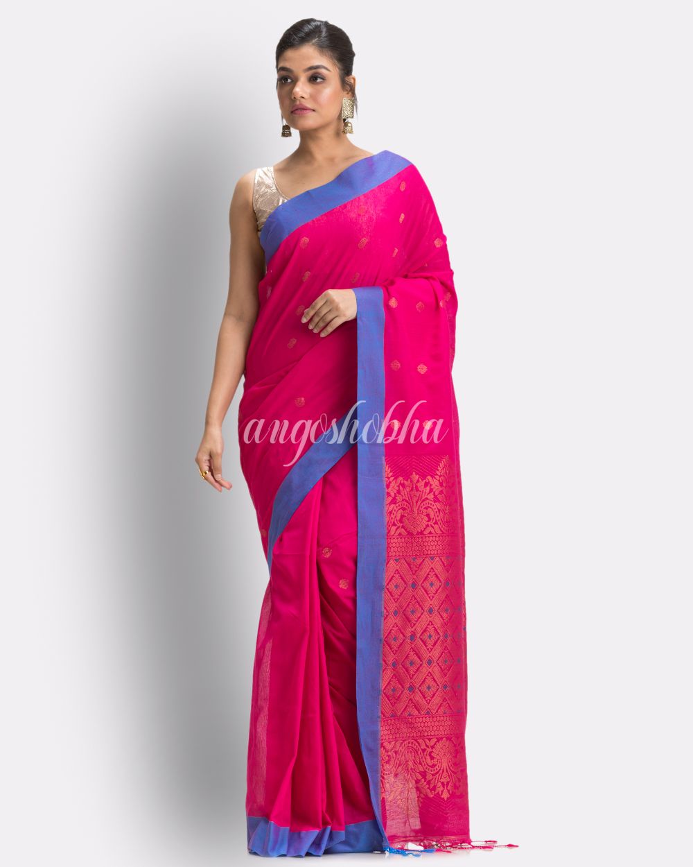 Bright Pink Cotton Handloom Tangail Saree angoshobha