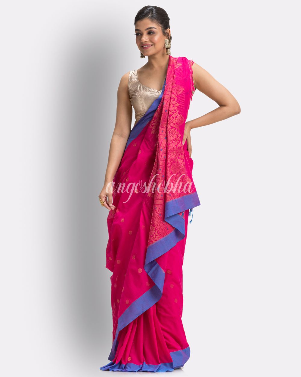 Bright Pink Cotton Handloom Tangail Saree angoshobha