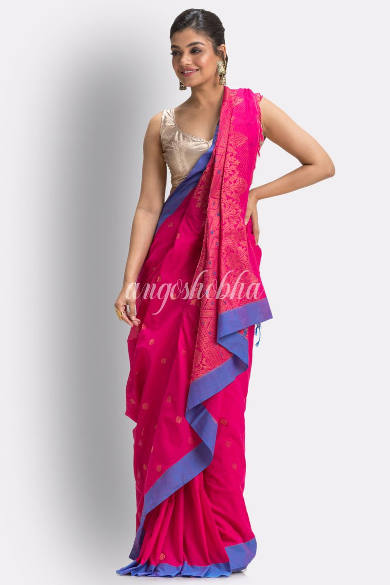 Bright Pink Cotton Handloom Tangail Saree