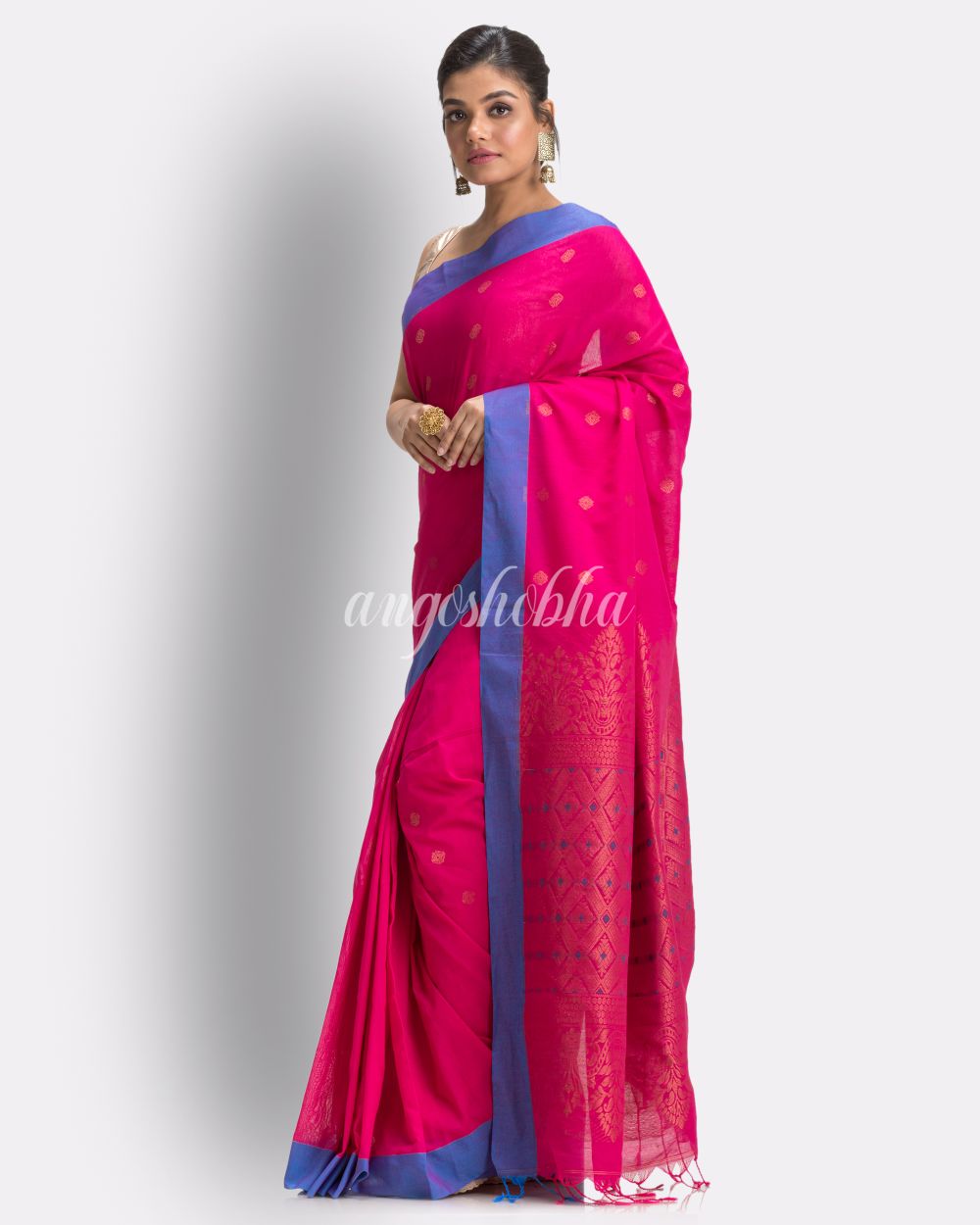 Bright Pink Cotton Handloom Tangail Saree angoshobha