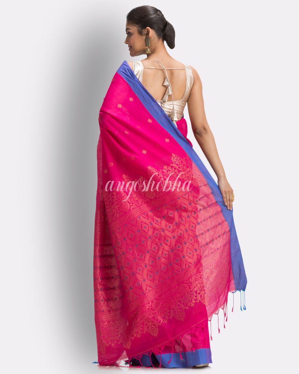 Bright Pink Cotton Handloom Tangail Saree angoshobha