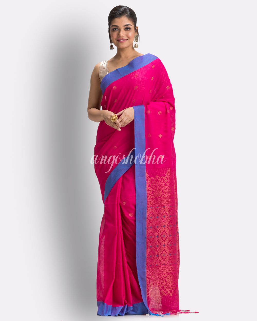 Bright Pink Cotton Handloom Tangail Saree angoshobha