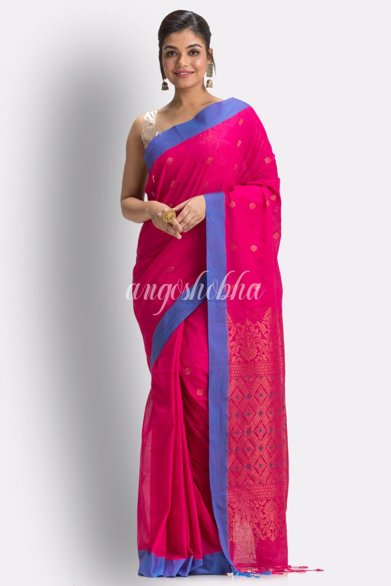 Bright Pink Cotton Handloom Tangail Saree
